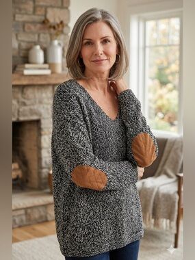 Cupcake Clothing | Black & White V-Neck Sweater with Brown Elbow Patches | Sz L